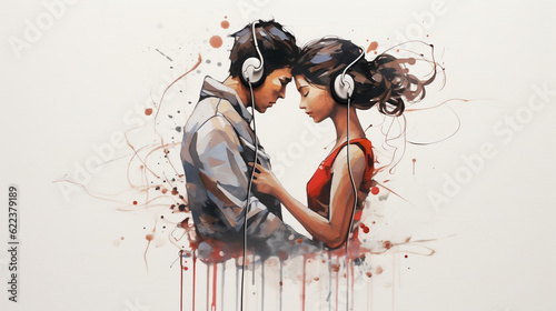 A dancing couple fall in love with painted  earphone lovely concept  Generative Ai