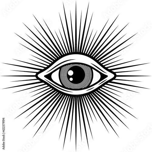 Sacred geometry illuminati eye with sun rays, occultism religion spiritual talisman. Vintage mystic tattoo providence sign