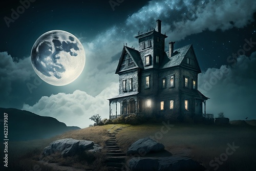 AI generated illustration of a house on an empty hill with the Moon shining bright at night