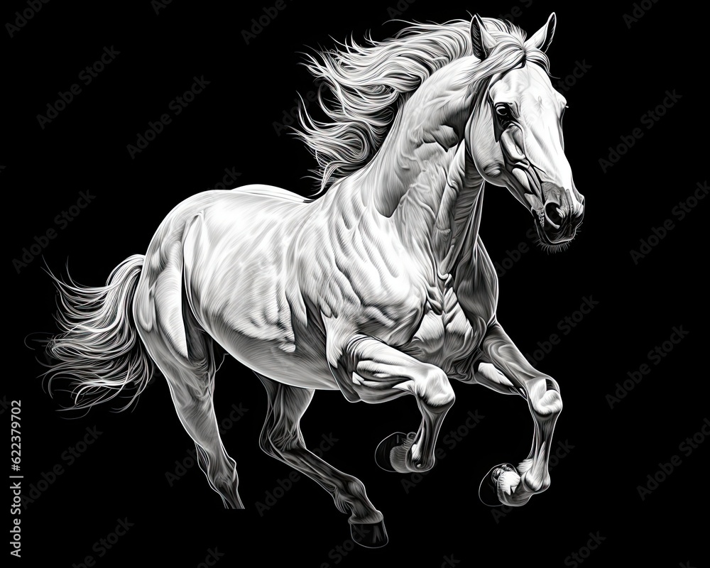 In the dark, a white horse gallops on a black background. (Illustration, Generative AI)