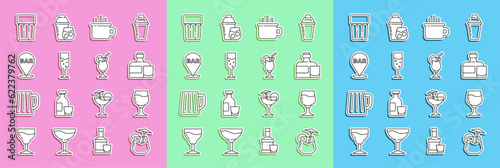 Set line Cocktail, Wine glass, Whiskey bottle and, Coffee cup, Glass champagne, Alcohol bar location, with water and icon. Vector