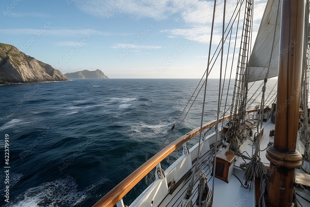 Two-masted schooner in the pacific ocean , coast in the background Two-masted schooner in the pacific ocean , coast in the background