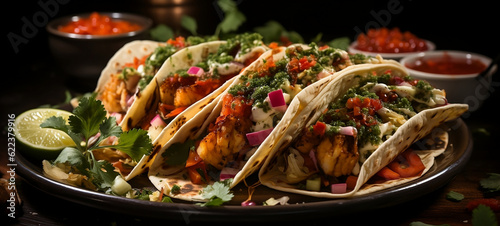 Shrimp tacos with avocado and cilantro. Generative AI. 