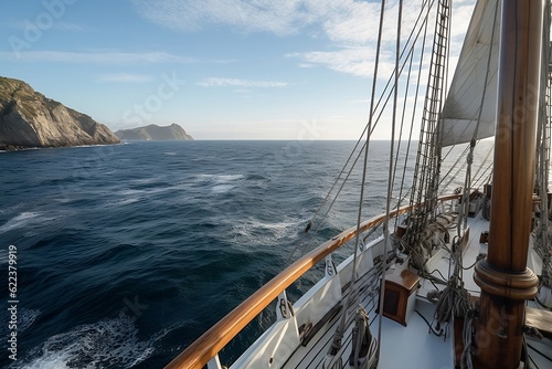 Two-masted schooner in the pacific ocean , coast in the background