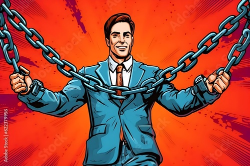 Pop Art Retro: Businessman Breaks Chains - Symbol of Freedom and Citizen's Struggle - Advertising Poster. Generative AI