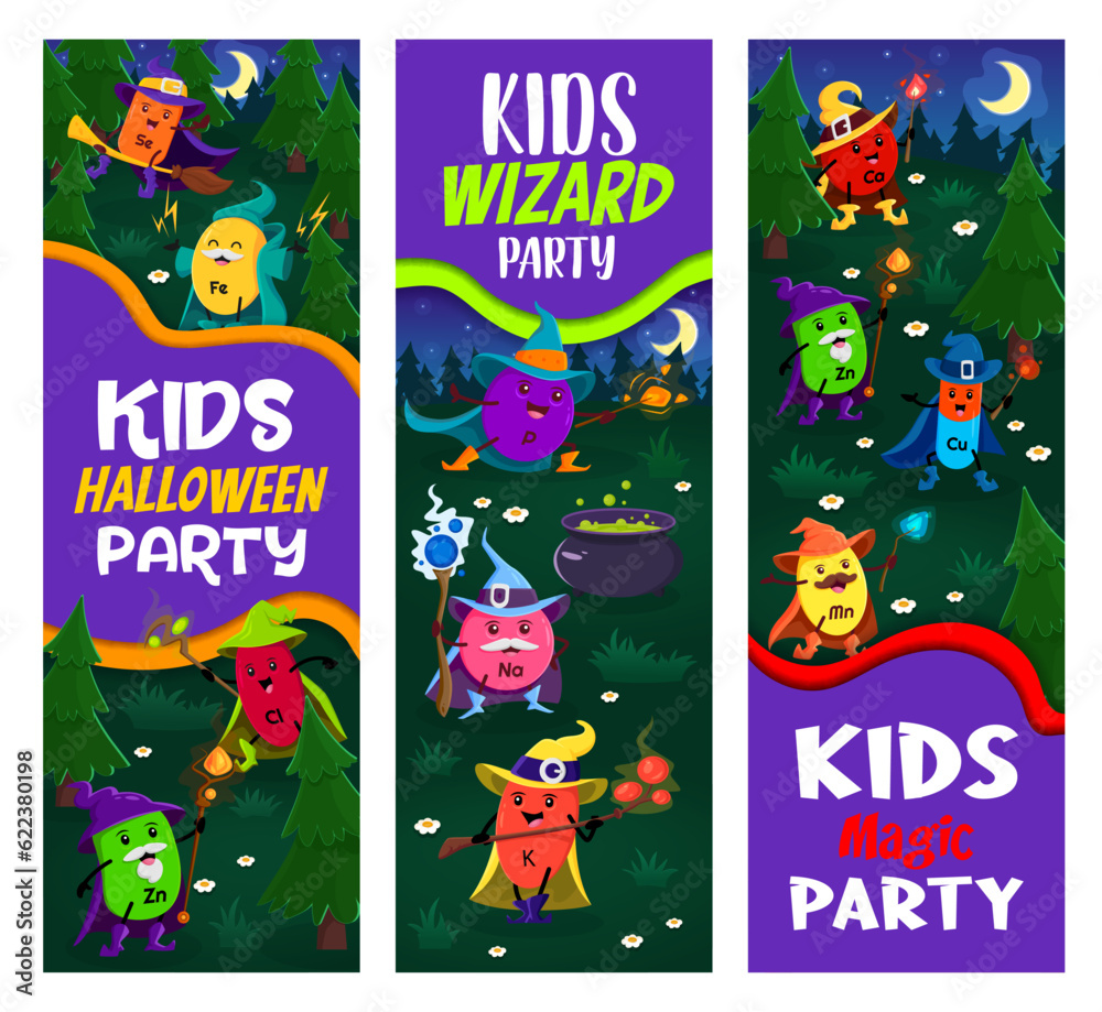 Fototapeta premium Kids Halloween party. Cartoon mineral and micronutrient wizards Se, Fe, Cl and Zn, P, Na, K, Ca, Zn or Cu with Mn funny food supplement capsules in night magic forest. Vector vertical banners or cards
