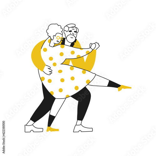 Flat Doodle cute character of senior couple lovers dancing. Hand drawn vector linear simple style.