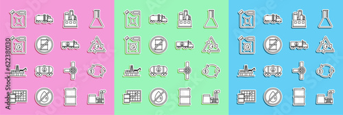 Set line Oil industrial factory building, exchange, drop with recycle, No barrel for gasoline, Canister motor machine oil, and Tanker truck icon. Vector