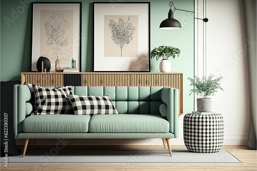 AI generated illustration of a modern living room in mint and white colors
