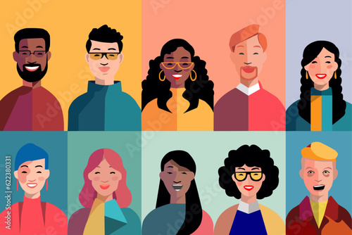 Retrato de medio cuerpo de personas de diferentes razas. Vector de personas diferentes con colores llamativos. Set de iconos de personas. photo