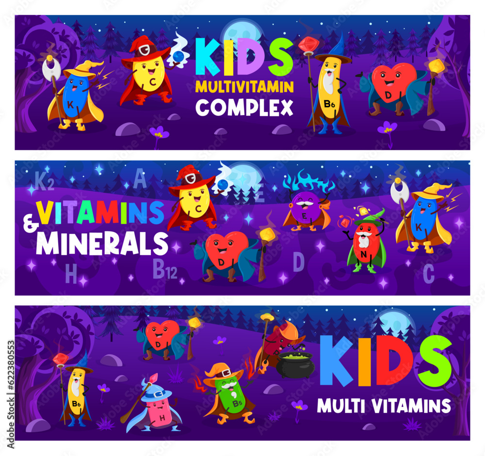 Cartoon vitamin and micronutrient wizards, mages and sorcerers. Vector horizontal banners with funny capsules for healthy living. K, C, B6 and E, N, H, B5 and P food supplement Halloween personages - obrazy, fototapety, plakaty 