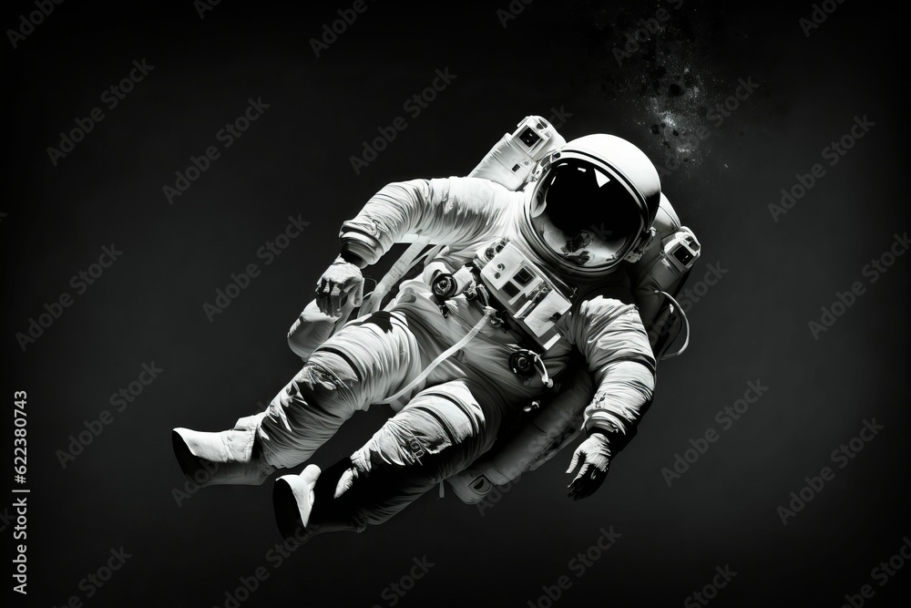 AI generated illustration of a greyscale of an astronaut in a spacesuit in pitch darkness