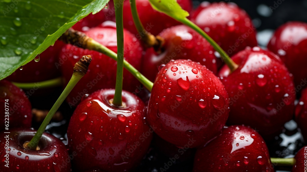 Close up of fresh cherry berries with water drops in summer, Generative Ai Close up of fresh cherry berries with water drops in summer, Generative Ai