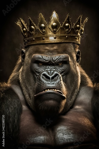 AI generated illustration of an angry powerful gorilla with a crown