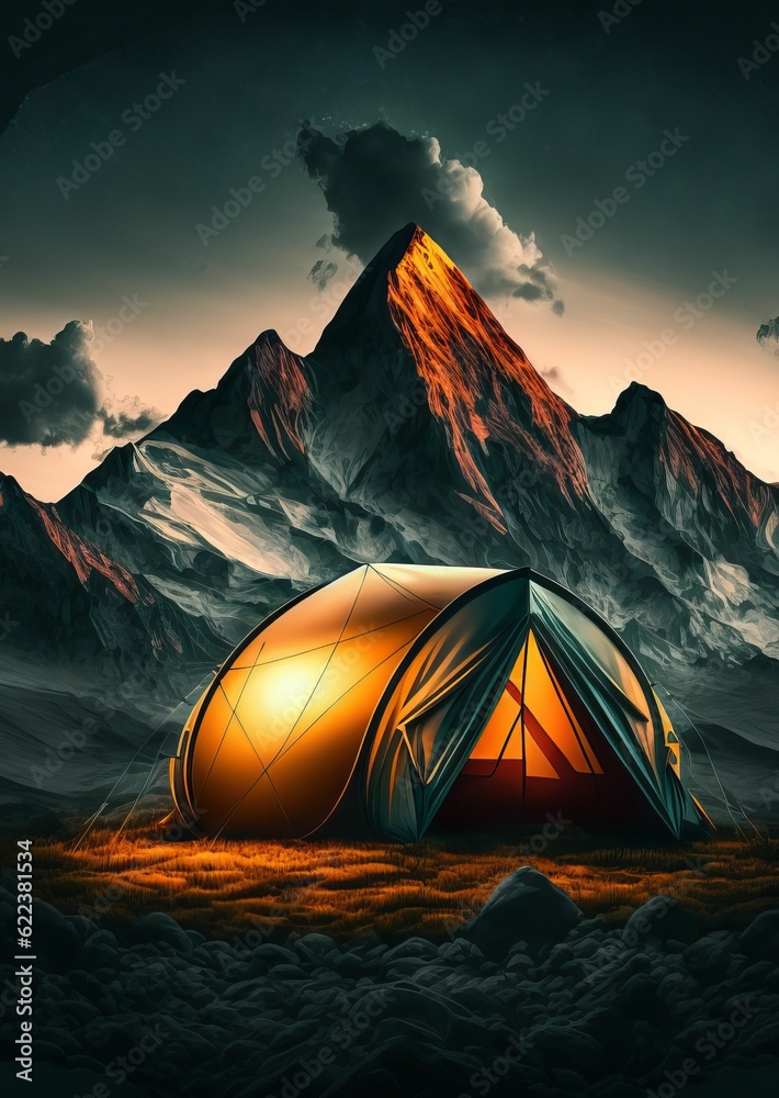 AI generated illustration of campaign tent in mountain landscape