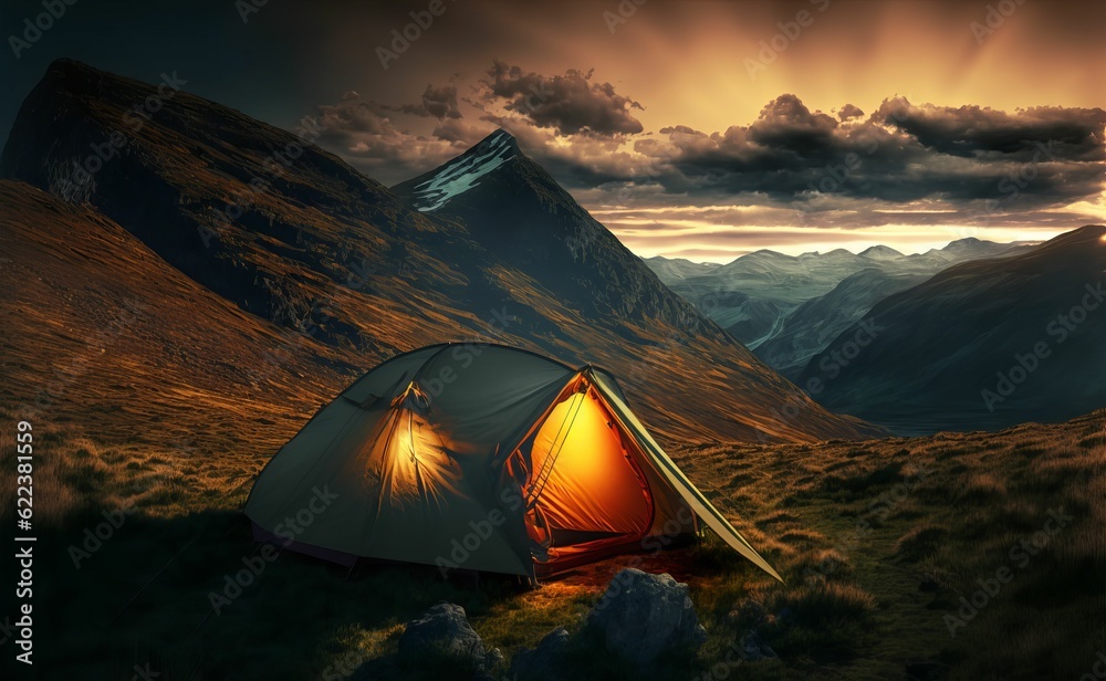 AI generated illustration of campaign tent in mountain landscape