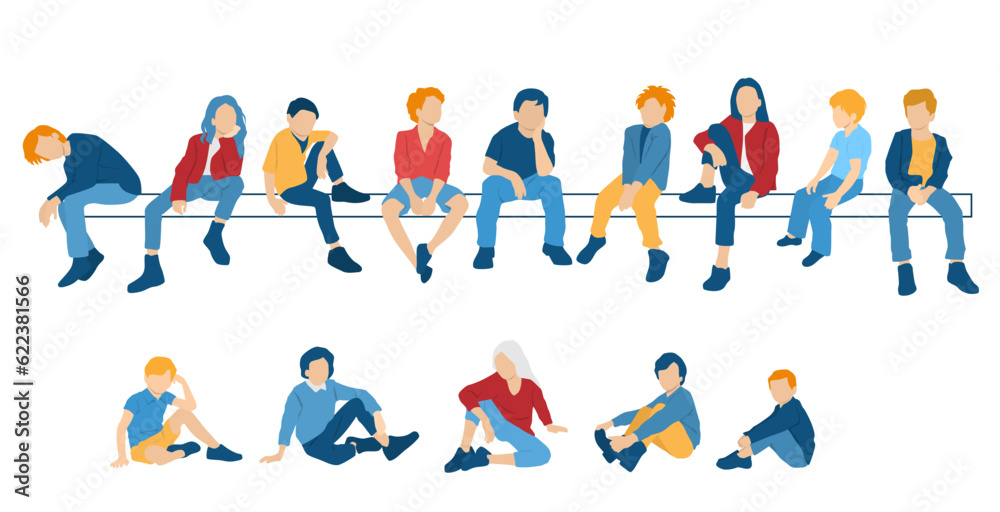 Naklejka premium Children and teenagers sitting on a bench, group silhouettes of students, boys and girls,different colors, cartoon character, flat icon design concept isolated on white background