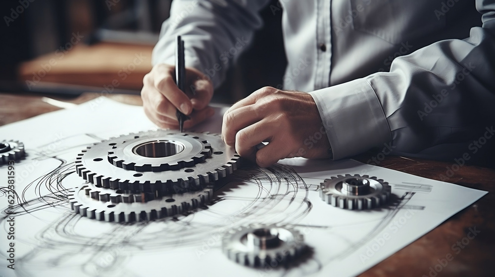 engineer draws a chain sprockets. Technology and industry concept, Generative Ai Stock
