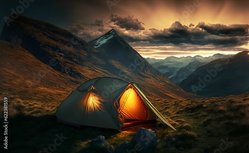 AI generated illustration of campaign tent in mountain landscape