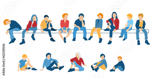 Children and teenagers sitting on a bench, group silhouettes of students, boys and girls,different colors, cartoon character, 
 flat icon design concept isolated on white background