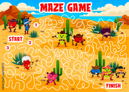 Western labyrinth maze, cartoon berry cowboy, sheriff, ranger and bandit characters, vector quiz game. Help strawberry sheriff to find way to blueberry bandit on kids labyrinth maze puzzle worksheet