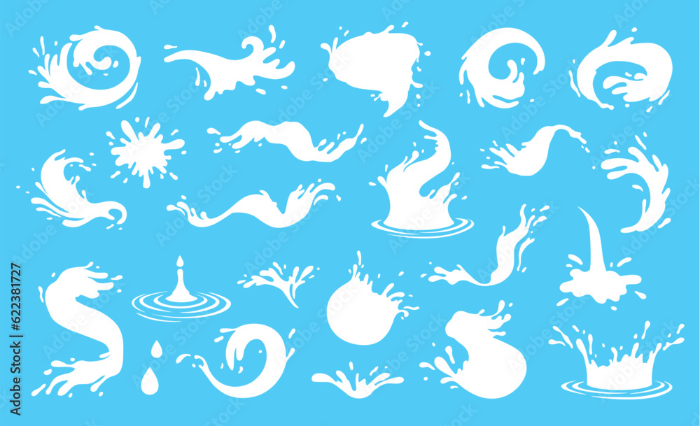 Set realistic milk splashes of various shape with drops isolated. River splashes, waves, spray, milk spill, dripping drops. Natural dairy products, yogurt or cream. White blots, milky swirls. Package
