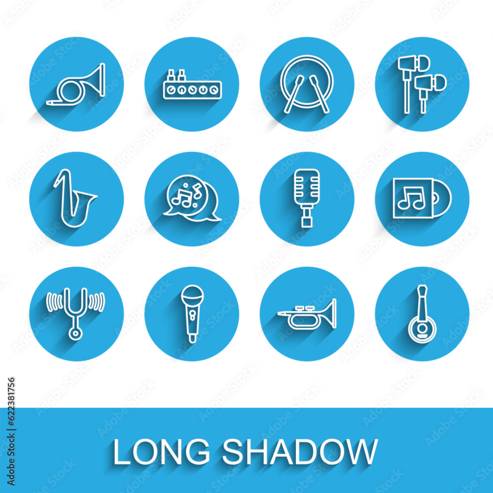 Set line Musical tuning fork, Microphone, Trumpet, Banjo, note, tone, Vinyl disk and icon. Vector Set line Musical tuning fork, Microphone, Trumpet, Banjo, note, tone, Vinyl disk and icon. Vector