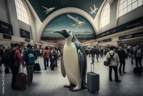AI generated illustration of a penguin with luggage waiting at train station