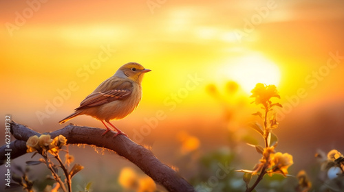 free bird enjoying nature on sunset background, hope concept . soft focus picture, Generative Ai