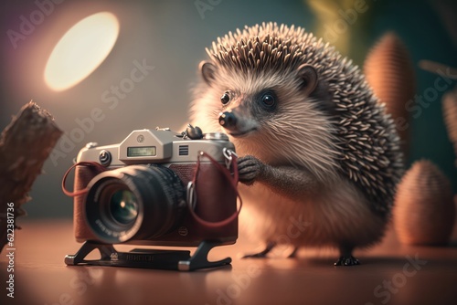 AI generated illustration of a small cute Hedgehog using vintage camera