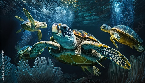 AI generated illustration of green turtles swimming underwater photo