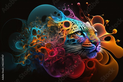 AI generated illustration of a tiger head with colorful abstract patterns © Morten Normann Almeland/Wirestock Creators