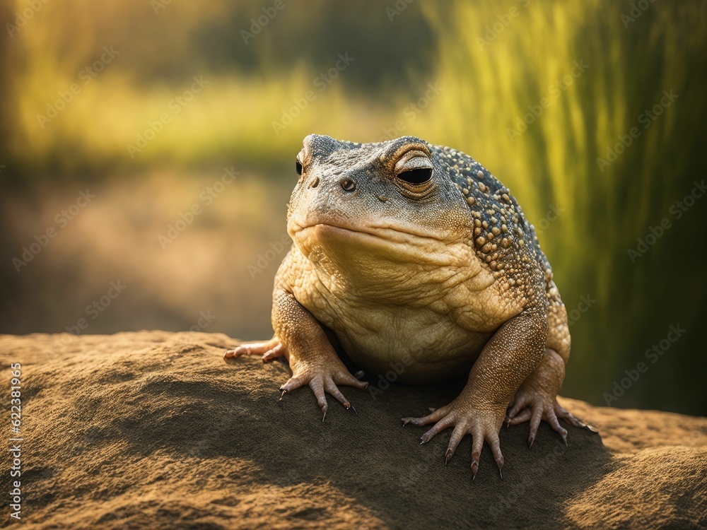 AI generated illustration of A close up of a frog perched atop a rock, looking at the camera AI generated illustration of A close up of a frog perched atop a rock, looking at the camera