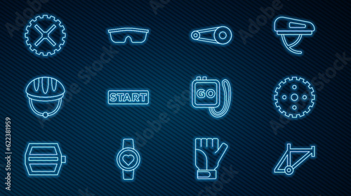Set line Bicycle frame, sprocket crank, chain with gear, Ribbon finishing line, helmet, Stopwatch and Sport cycling sunglasses icon. Vector