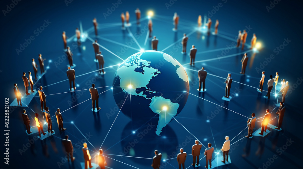 Global business structure of networking. Analysis and data exchange customer connection, HR recruitment and global outsourcing, Customer service, Teamwork, Strategy, Generative Ai - obrazy, fototapety, plakaty 