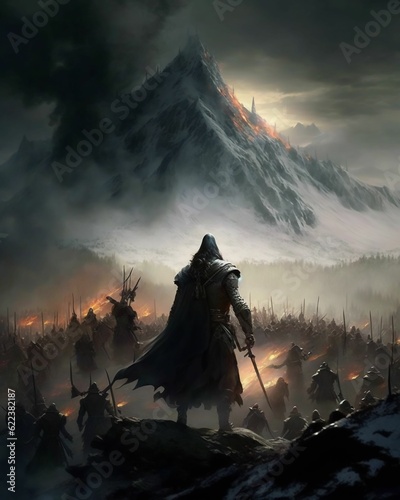 An AI illustration of warrior standing on battlefield with mountain illuminated by lava hues