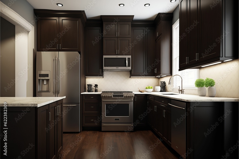 AI generated illustration of a modern kitchen with dark colored cabinets and a stainless steel stove - obrazy, fototapety, plakaty 