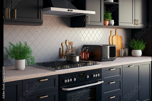 AI generated illustration of a modern kitchen with black cabinetry and black appliances