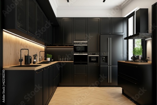 AI generated illustration of a contemporary black kitchen featuring a hardwood floor.