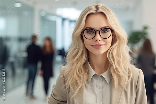 A blonde hair businesswoman with glasses standing in an office, created with Generative Ai Technology