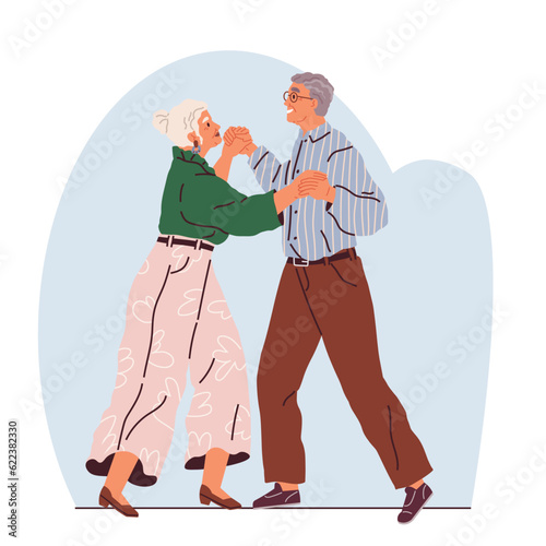 Old couple dance. Vector illustration. Happy old man and woman dancing with joy. Cute lovely senior couple of woman and man dancing. Active elderly females and males moving to music