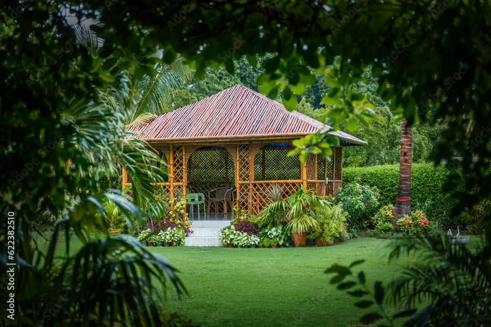 Bamboo Gazebo in the tropical climate and rainy day. 