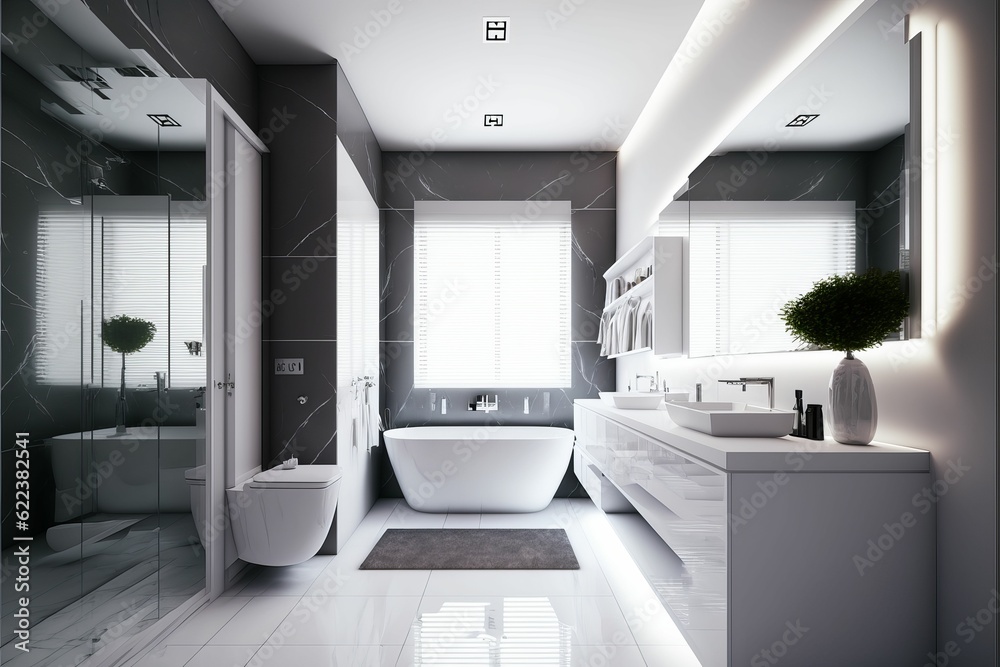 AI generated illustration of a bathroom with white countertop sinks, a white tub, and a white toilet AI generated illustration of a bathroom with white countertop sinks, a white tub, and a white toilet