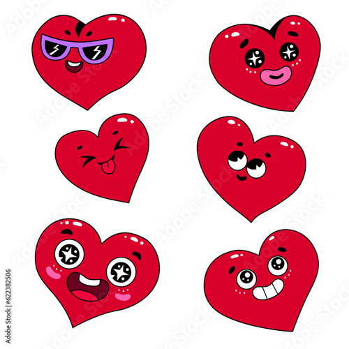 Cool trendy red happy smiling hearts set. Funny comic characters. Collection of retro sticker cartoon heart shaped symbols in flat cartoon style. y2k emoticons isolated on white background