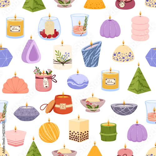 Aromatic SPA candles, seamless pattern background, vector aroma scented lights. SPA candles and aromatherapy tealights and candlesticks pattern of aroma wax candles and fragrance candlelight