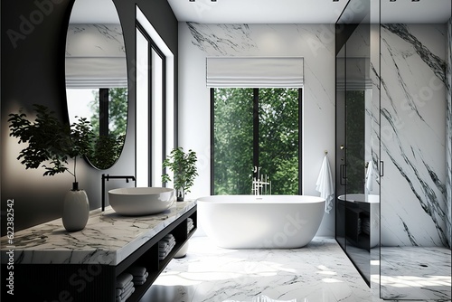 AI generated illustration of A modern bathroom  with a bathtub, walk-in shower.
