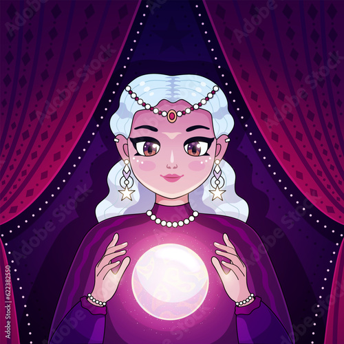 Fortuneteller with magic crystal ball illustration isolated on white background. Clairvoyant woman predicting future. Fortune teller makes predictions. Cartoon flat style