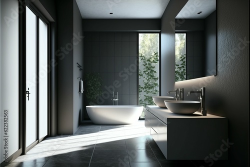 AI generated illustration of A modern bathroom with white and black color palette