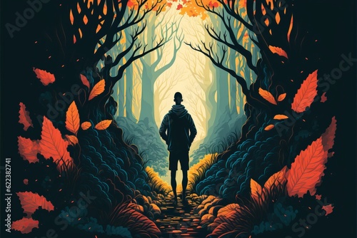 AI generated illustration of a silhouette of a person in the middle of an autumnal tunnel