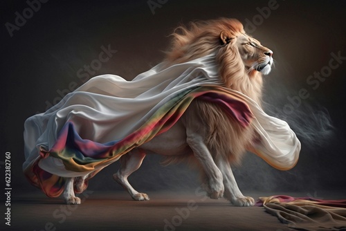A Devine Lion moving having a silk clothe on the back